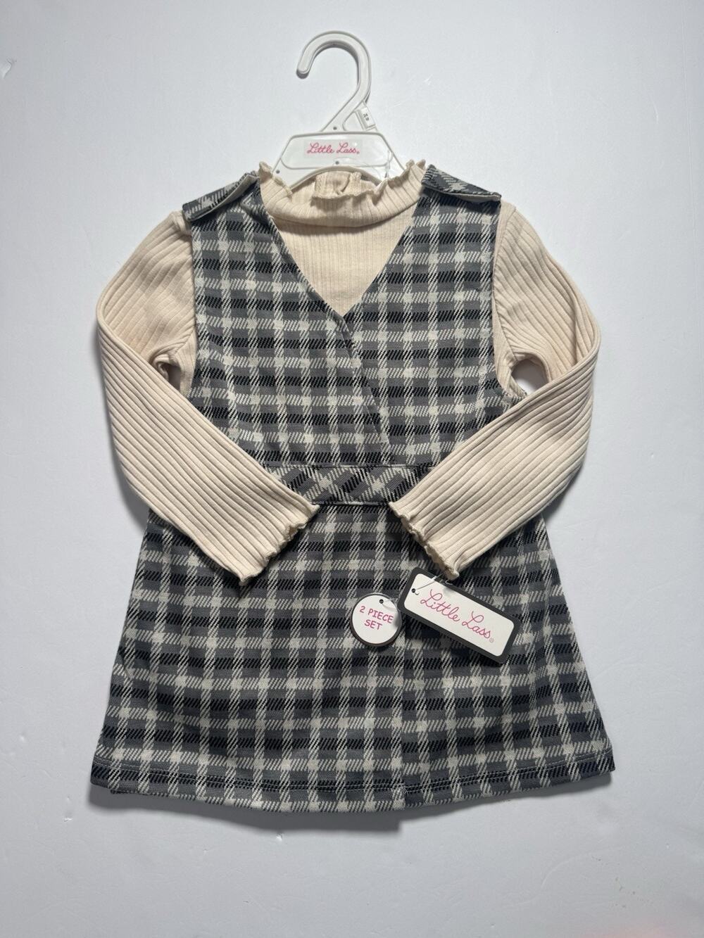 Little Lass 2 Piece Dress Bodysuit Set 24M Gray Plaid Long Sleeve NWT Toddler